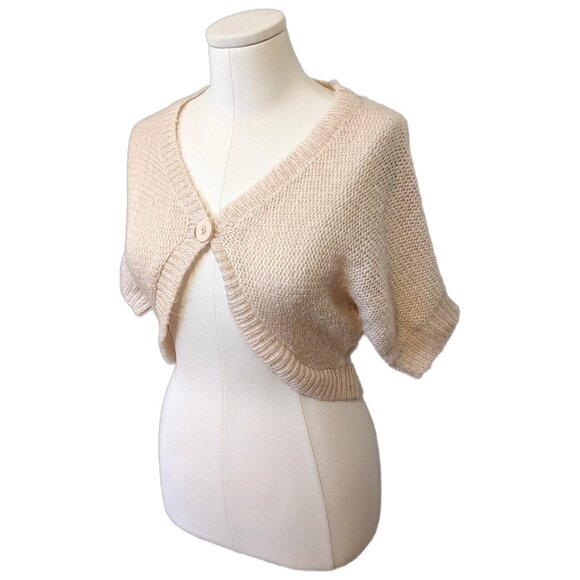 Womens Beige Knit Shrug Cardigan Glitter Fall Girly Elegant Short Sleeve Sz M - Picture 2 of 6